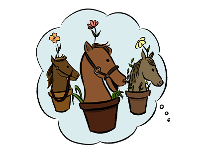 Pferdeköpfe in Blumentöpfen