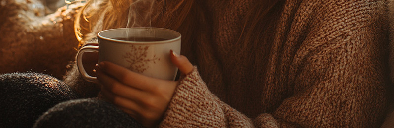 Eine Person im warmen Strickpullover hält eine dampfende Tasse Tee