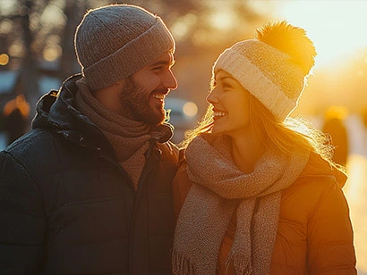 Eine Frau und ein Mann warm eingepackt in Winterkleidung lächeln sich bei einem Spaziergang in der Wintersonne an