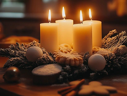 Auf einem Adventskranz brennen alle vier Kerzen