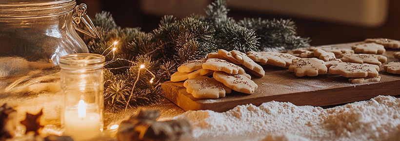 Weihnachtsguetzli sind auf einem Holzbrett mit weihnachtlicher Deko angerichtet.