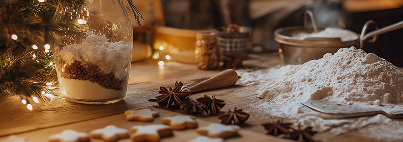 Auf einer Holzplatte befinden sich Zutaten zum Backen von Weihnachtsplätzchen mit weihnachtlicher Deko, getaucht in warmes Licht