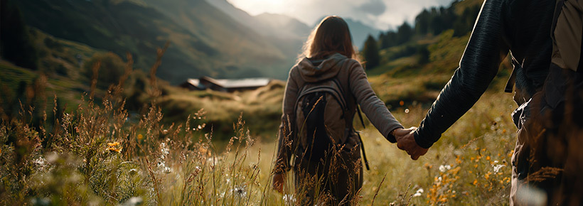 Zwei personen wandern über eine Bergwiese und halten sich dabei an der Hand