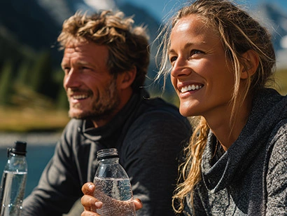 Eine Frau und ein Mann machen gerade Pause vor einem Alpinen Hintergrund und genießen die Aussicht