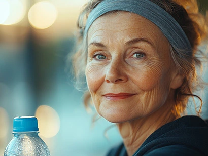 Abbildung einer Frau im gehobeneren Alter mit Wasserflasche und Stirnband