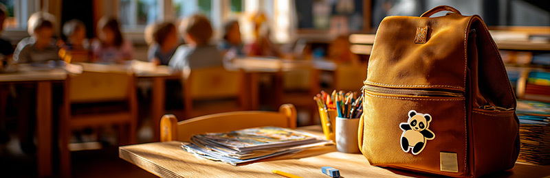 Auf einem Tisch mit Stiften und Papier steht eine Schultasche, im Hintergrund sind Kinder an mehreren Tischen eines Klassenzimmers zu sehen