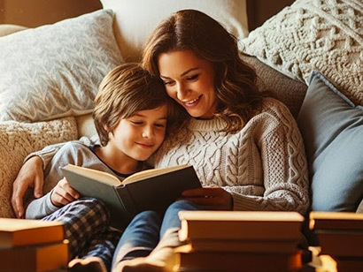 Frau und Kind lesen ein Buch