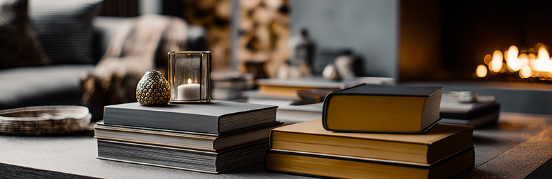 Bücherstapel auf Wohnzimmertisch