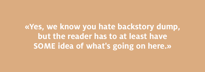 Yes, we know you hate backstory dump, but the reader has to at least have SOME idea of what's going on here.