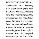 Talking Heads CD Tentative Decisions: Demos & Live