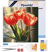 Figured'Art DP-SFA194-Y - Mini Diamond Painting, Pfirsichfarbene Tulpen, Leinwand-Keilrahmen (25x25cm), DIY Bastelset Spiel