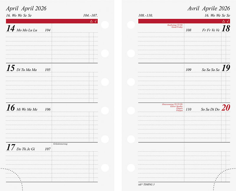 IDÉ® TIMING Jahresinhalt, 1 Woche auf 2 Seiten, Jahrgang 2026