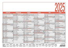 Zettler - Namenstagekalender 2025 weiß/rot, 29,7x21cm, Plakatkalender mit Jahresübersicht, 6 