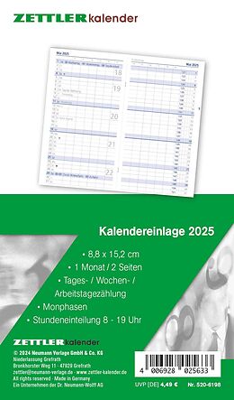 Kalender-Ersatzeinlage 2025 - für den Taschenplaner Typ 520 - 8,8x15,2 