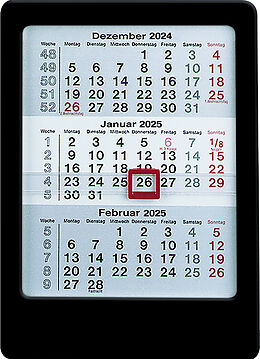 Kalender (Kal) Zettler - 3-Monats-Tischaufsteller 2025 schwarz,12x16cm, Tischkalender mit 3 Monaten auf 1 Seite, Datumsschieber, Feiertage hervorgehoben, Wochenzähler und deutsches Kalendarium von 