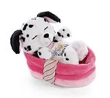 NICI 47891 - Sleeping Pets, Welpe Dalmatiner, Schlafender Hund im Körbchen, Plüsch, weiß-schwarz/pink-rosa Spiel