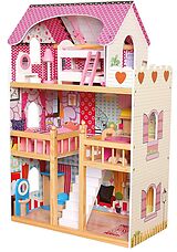 Bino 83554 - Puppenhaus mit drei Etagen, möbliert, 17-teilig, Holz, 90x60x30cm Spiel