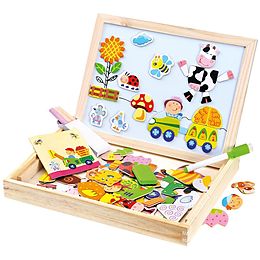 Bino 88117 - Holz-Puzzle-Box mit Magnet- und Schreibtafel, 102 Teile Spiel