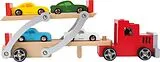 Small foot 4222 - Autotransporter Klassik mit Laderampe und 4 Autos, Holz, Länge: 38 cm Spiel