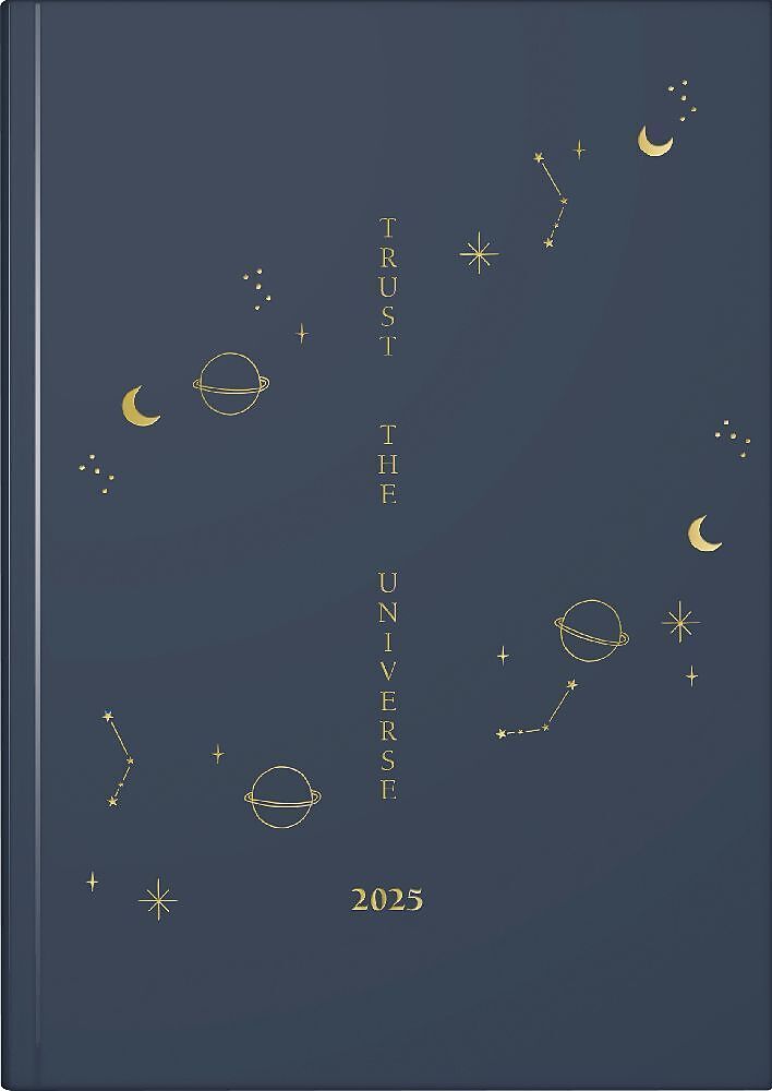 rido/idé 7021507025 Buchkalender Young Line (2025) "Universe"| 2 Seiten = 1 Woche| A5| 160 Seiten| Grafik-Einband| dunkelblau