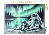 CALVENDO Puzzle Zwei Wölfe am Seeufer Kohlezeichnungen mit Nordlichtern in sanften Pastelltönen | 1000 Teile Lege-Größe 64x48cm Foto-Puzzle für glückliche Stunden Spiel