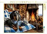 CALVENDO Puzzle Dackel mit Schal in Berghütte - gemütliches Hundepuzzle aus Bayern | 1000 Teile Lege-Größe 64x48cm Foto-Puzzle für glückliche Stunden Spiel