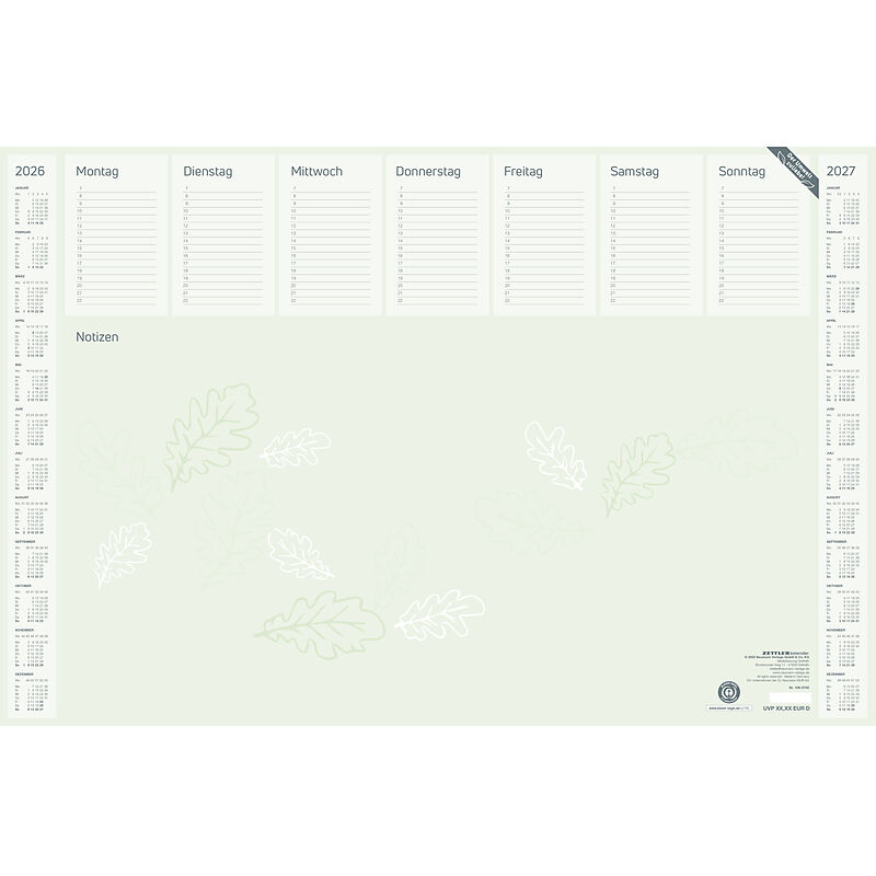 Zettler Schreibunterlage Blauer Engel 2026  Schreibtischunterlage 60 × 40 cm, Recyclingpapier, Wochenplaner und viel Platz für Notizen, mit 3-Jahresübersicht, Kartonunterlage, FSC-zertifiziert