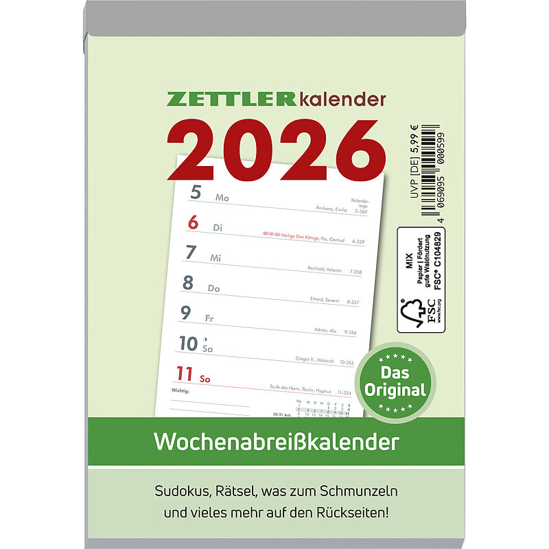 Wochenabreißkalender 2025 - 10,5x14,6 cm - 1 Woche auf 1 Seite - mit Sudokus, Rezepten, Rätseln uvm. auf den Rückseiten - Bürokalender 325-0000