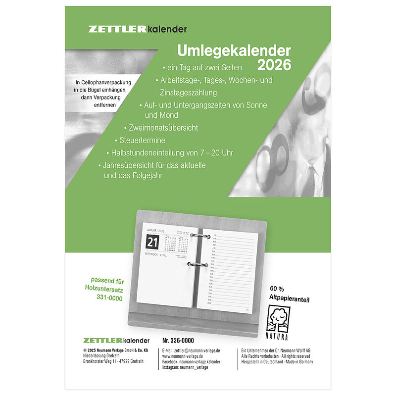 Umleg-Kalender 2026 - 8x10,8 cm - 1 Tag auf 2 Seiten - zum Einheften - Bürokalender mit 2-fach Lochung - Stundeneinteilung von 7 - 20 Uhr - 336-0000