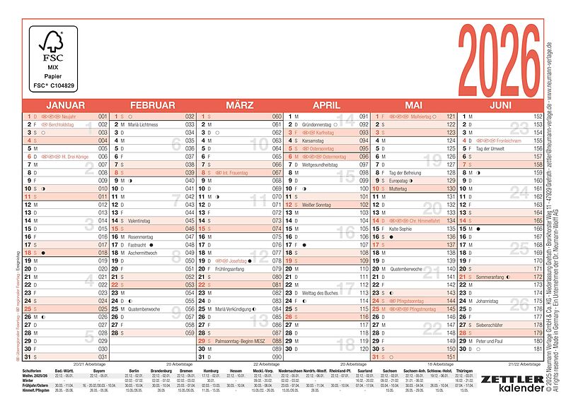 Arbeitstagekalender 2026 - A6 (14,8 x 10,5 cm) - 6 Monate auf 1 Seite - Tafelkalender - Plakatkalender - Jahresplaner - 900-0000
