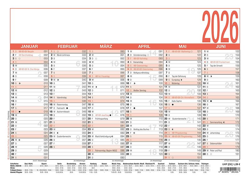 Arbeitstagekalender 2026 - A4 (29,7 x 21 cm) - 6 Monate auf 1 Seite - Tafelkalender - Plakatkalender - Jahresplaner - 907-0000