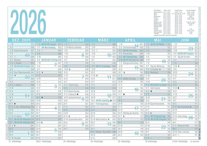 Arbeitstagekalender grau/türkis 2026 - A4 (29,7 x 21 cm) - 7 Monate auf 1 Seite - Tafelkalender - Plakatkalender - Jahresplaner - 909-0000