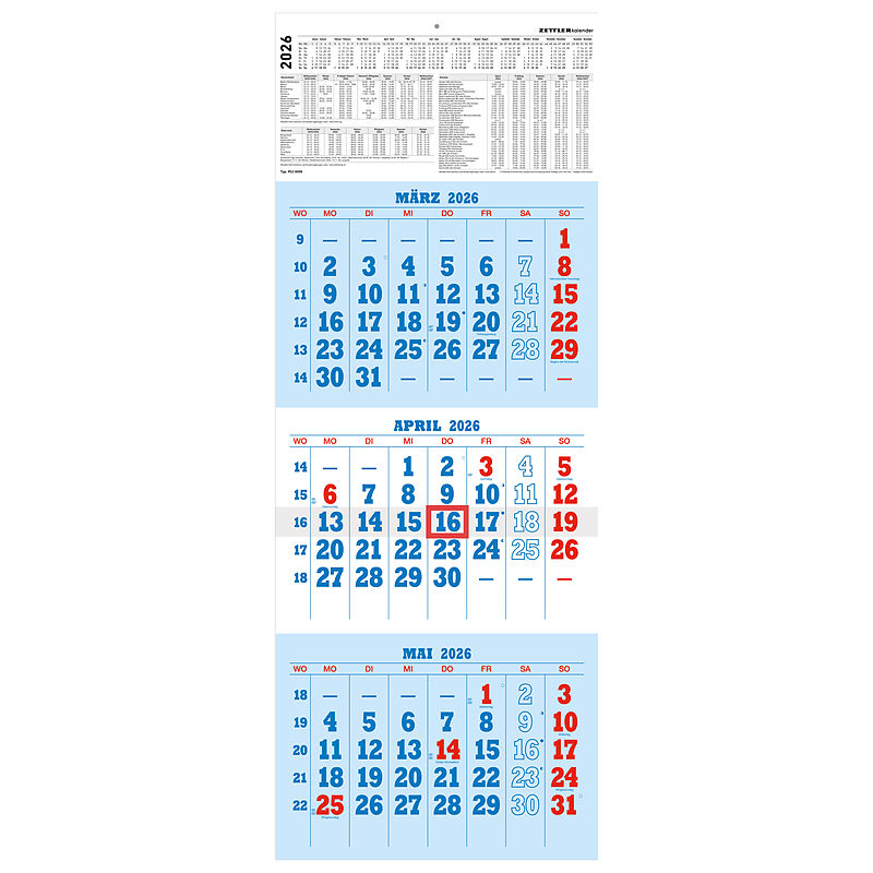 3-Monatskalender blau/rot 2026 - 29,7x78 - mit Kopftafel - gefaltet - Datumsschieber - 952-0000