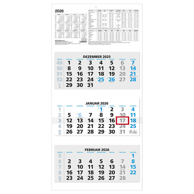 3-Monatskalender 2026 - 33,5x71 blau - mit Kopftafel - Datumsschieber - 5 sprachig - 3 Blöcke - 953-0015