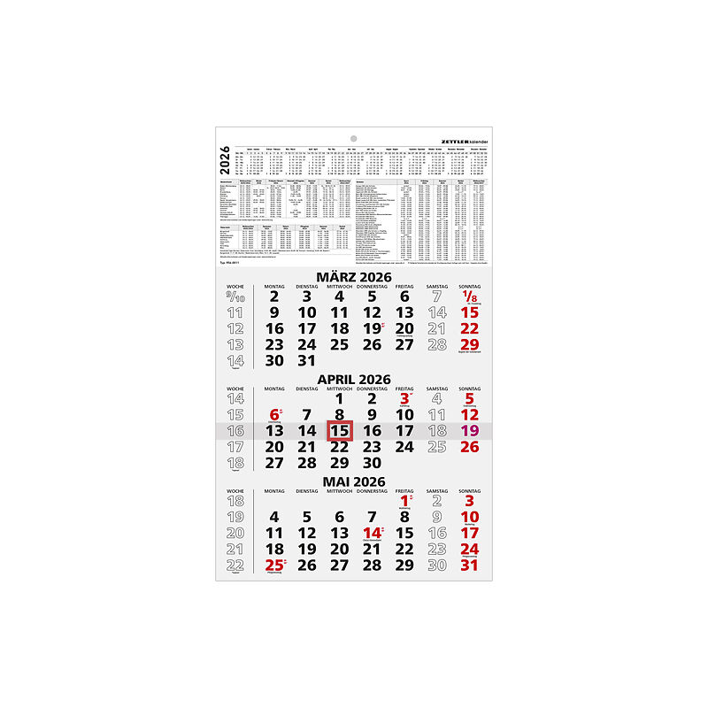 3-Monatskalender schwarz/rot 2026 - 29,7x48,8 - mit Kopftafel - Datumsschieber - 956-0000
