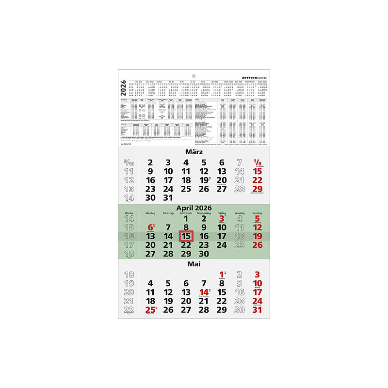 3-Monatskalender Recycling 2026 - 29,7x48,8 cm - mit Kopftafel und Datumsschieber - Blauer Engel - Mehrmonatsplaner - 956-0700