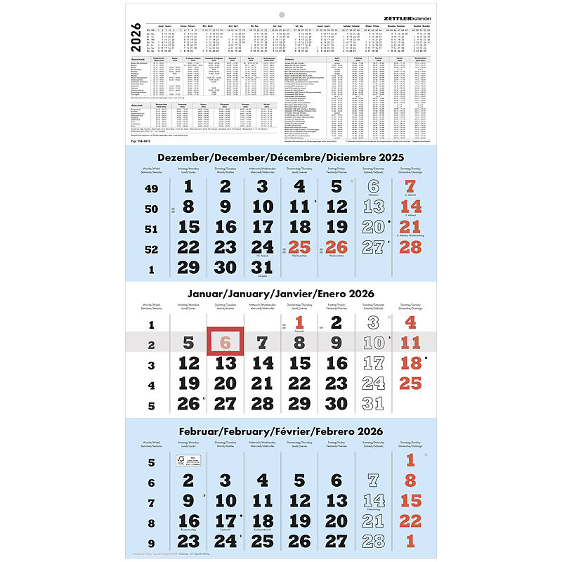 3-Monatskalender blau 2026 - 33x45 - mit Kopftafel - Datumsschieber - 958-0015