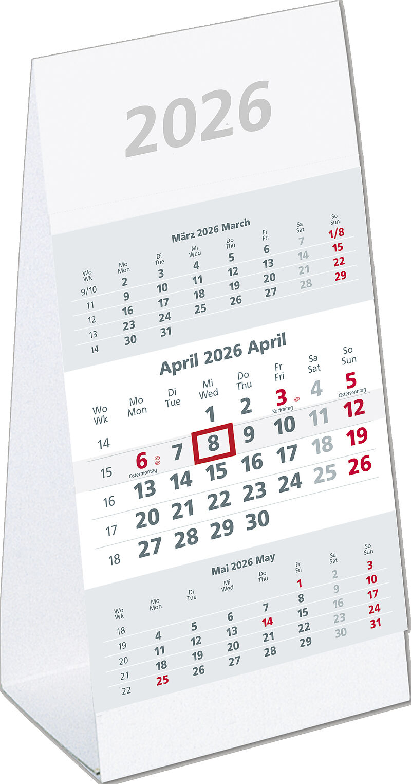 3-Monats-Aufstellkalender 2026 - 10,5x14,5 cm - 3 Monate auf 1 Seite - mit Kopftafel und Datumsschieber - Mehrmonatskalender - 980-0000