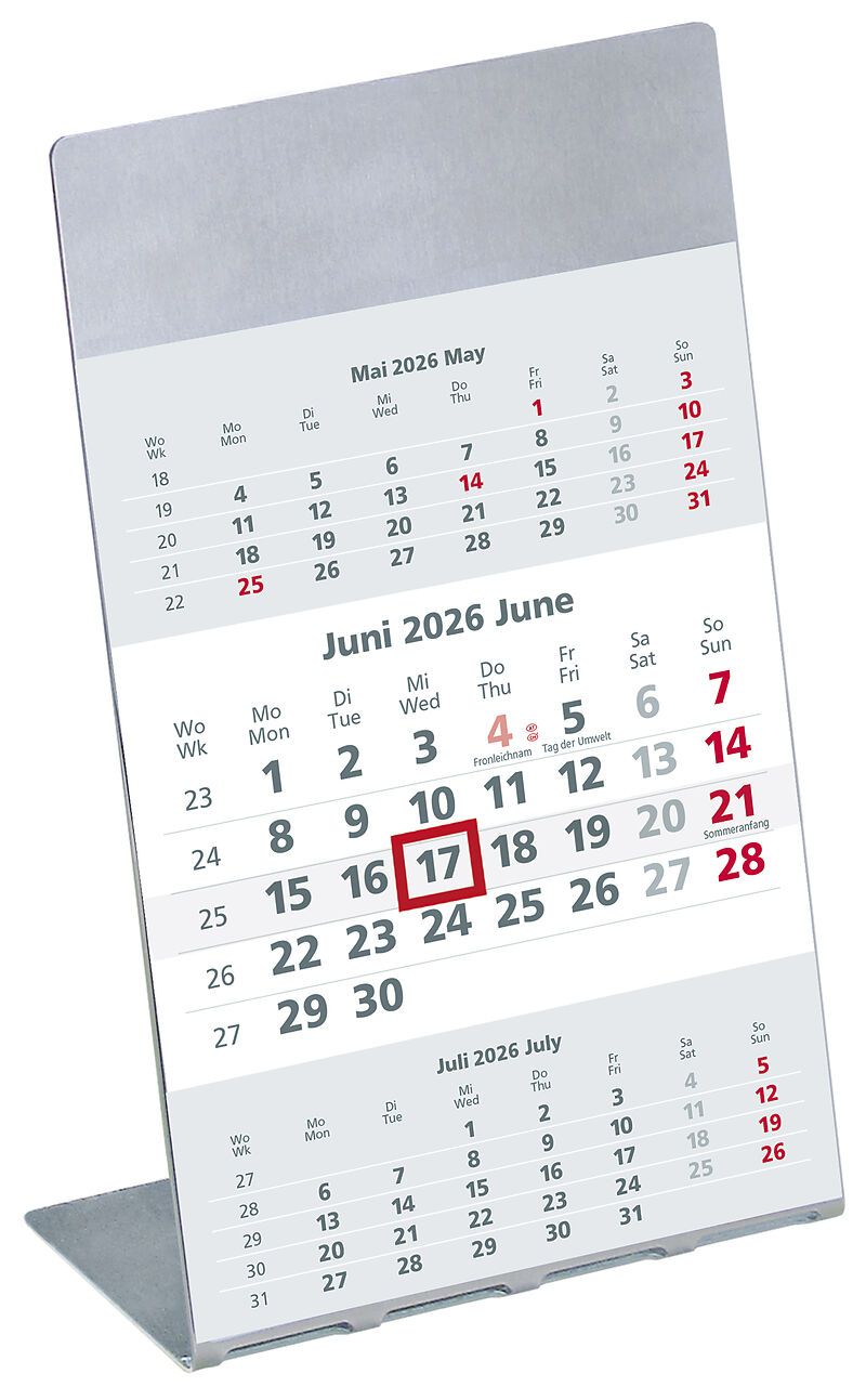 3-Monatskalender 2026 10,5x14,5cm mit Edelstahlaufsteller und Magnestreifen - Datumsweiser - 980-6100-1