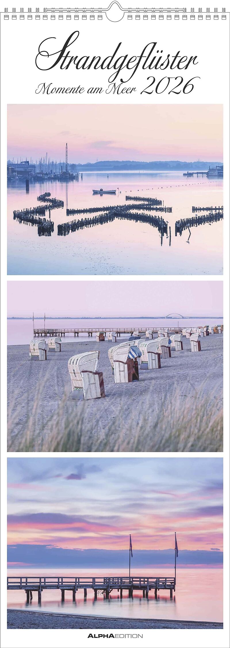 Alpha Edition - Strandgeflüster  Momente am Meer 2026  XXL-Streifenkalender 25×69 cm, Wandkalender mit 3 maritimen Fotos pro Monat, hochwertiger Bildkalender Küsten & Strände
