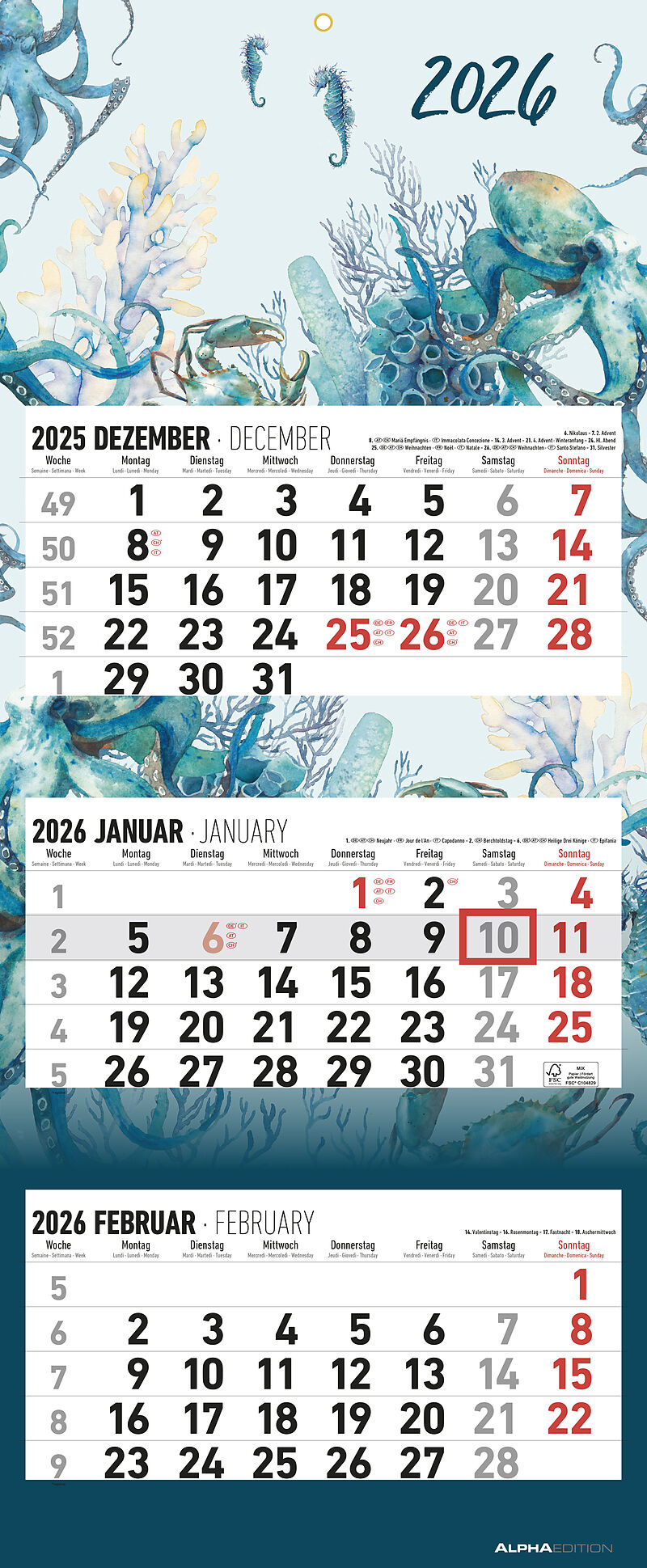 3-Monatskalender Design 2026 - Büro-Kalender 33x20 cm (geschlossen), 33x80 cm (geöffnet) - faltbar - mit Datumsschieber - Alpha Edition