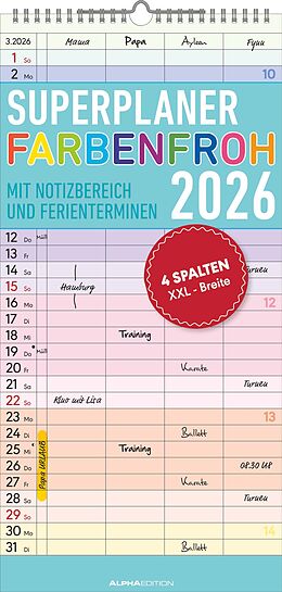  Superplaner Farbenfroh 2026 mit 4 Spalten - Familien-Timer 22x45 cm - Offset-Papier - mit Ferienterminen - Wand-Planer - Familienkalender - Alpha Edition von 