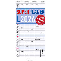 Kalender Superplaner L 2026 5 Spalten - Familien-Timer 22x45 cm - Offset-Papier - mit Ferienterminen - Wand-Planer - Familienkalender - Alpha Edition von 