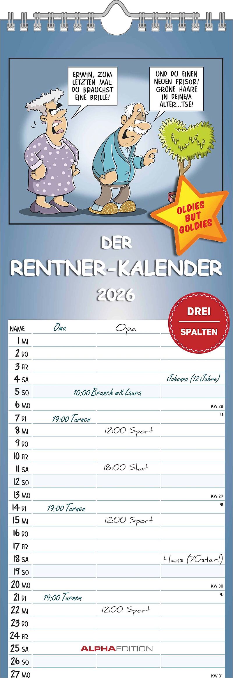 Rentnerkalender 2026 Streifenkalender, 15x42cm, Kalender mit 3 Spalten für Termine, 100 jährigem Kalender, Ferienterminen DE/AT/CH, mit Pollenflugkalender und deutschem Kalendarium - Alpha Edition