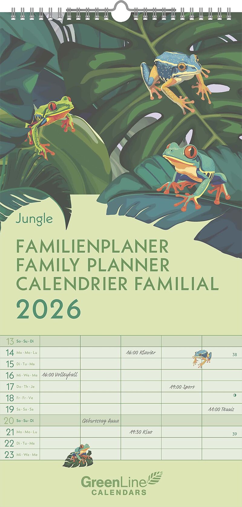 GreenLine - Jungle 2026  Familienplaner 22x45 cm, nachhaltiger Wandkalender mit 5 Spalten, exotischen Illustrationen & 3-sprachigem Kalendarium für Familien