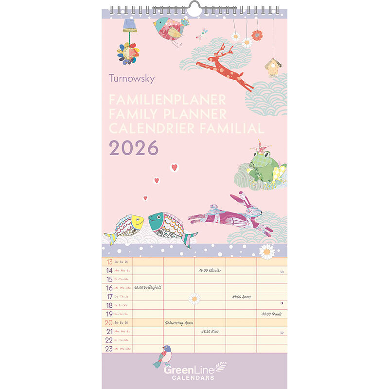 GreenLine - Turnowsky Familienplaner 2026  Wandkalender 22x45 cm, Familienkalender mit 5 Spalten, 3-sprachigem Kalendarium & nachhaltiger Produktion für Familienorganisation