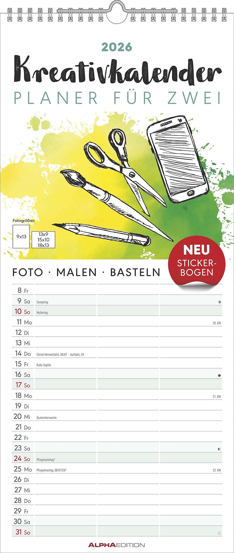 Alpha Edition - Kreativ-Kalender Planer für 2  Bastelkalender 2026, 19,5×45 cm mit 3 Spalten  individuell gestaltbar mit Foto, Zeichnung & Bastelideen  Wandkalender inkl. Stickerbogen