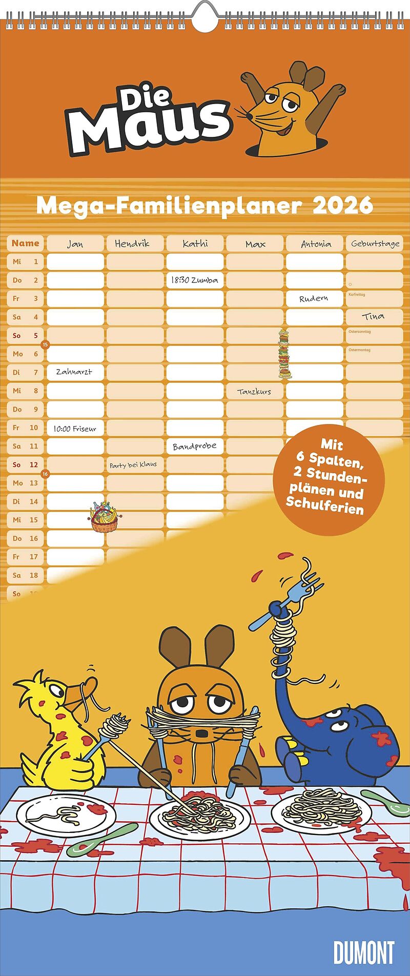 Die Maus 2026  DUMONT Mega-Familienkalender mit 6 Spalten  Familienplaner mit 2 Stundenplänen und Ferientabelle  Hochformat 30,0 x 70,0 cm