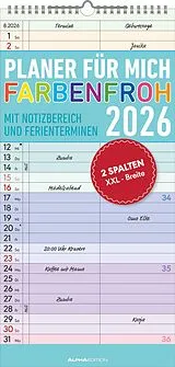 Kalender Alpha Edition - Planer für mich Farbenfroh 2026  Familienkalender 22×45 cm mit 3 Spalten & Ferienterminen, dekorativer Wandplaner für Familie, Büro & persönliche Organisation, deutschsprachig von 