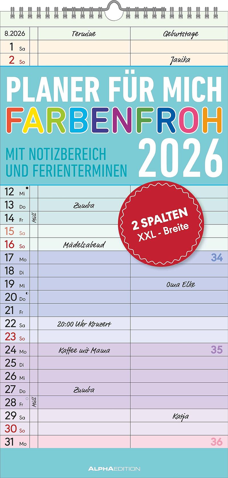 Alpha Edition - Planer für mich Farbenfroh 2026  Familienkalender 22×45 cm mit 3 Spalten & Ferienterminen, dekorativer Wandplaner für Familie, Büro & persönliche Organisation, deutschsprachig